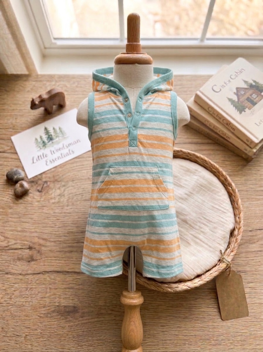 Carter's Mint and Yellow Striped Sleeveless Hooded Romper